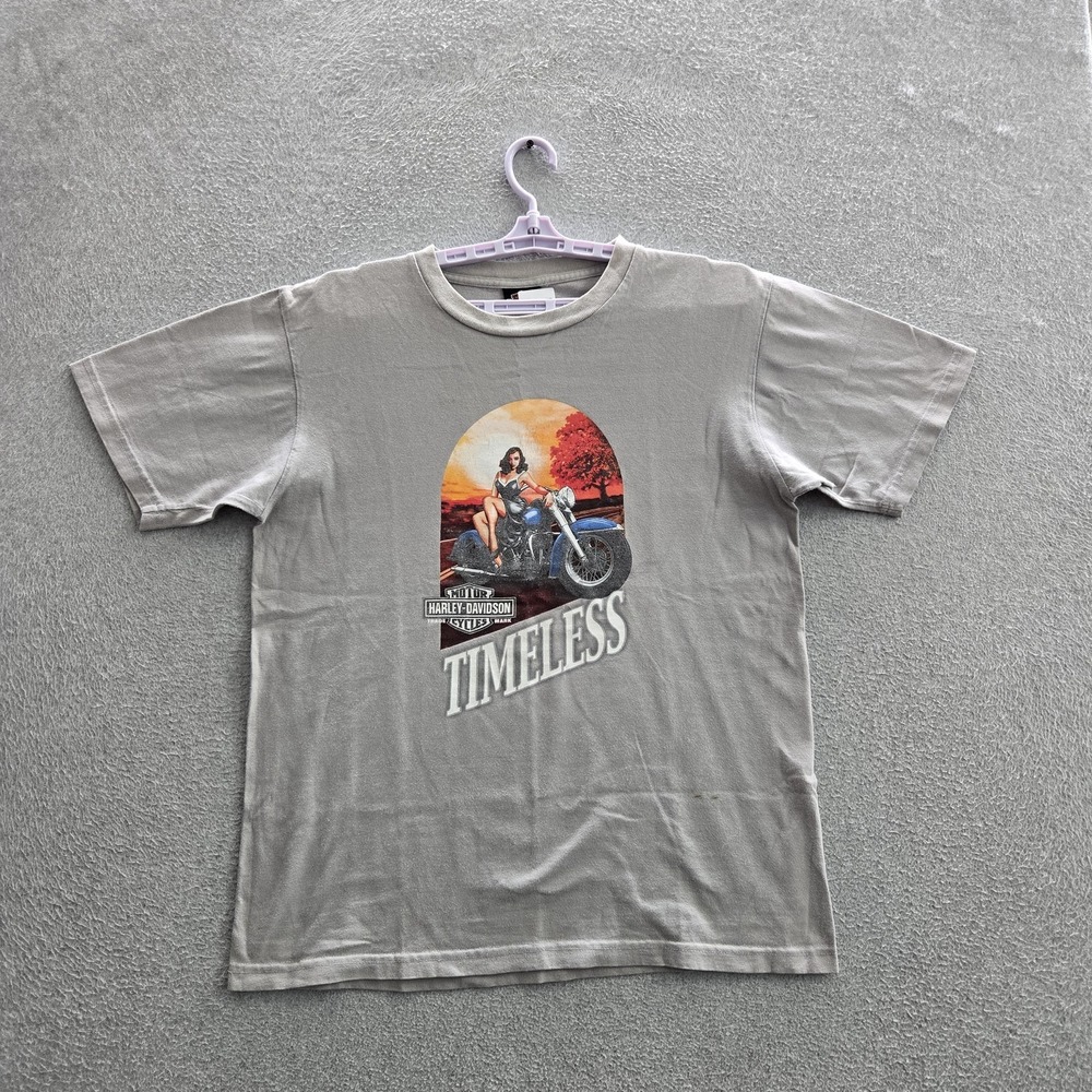 VINTAGE Harley-Davidson Men Shirt L Gray Visalia CA Pinup Timeless Y2K READ